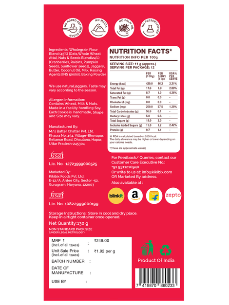 Kikibix Cranberry Oats Healthy Cookies, Jaggery Oats Biscuits, Digestive, 36% Oats, 25% dry fruits