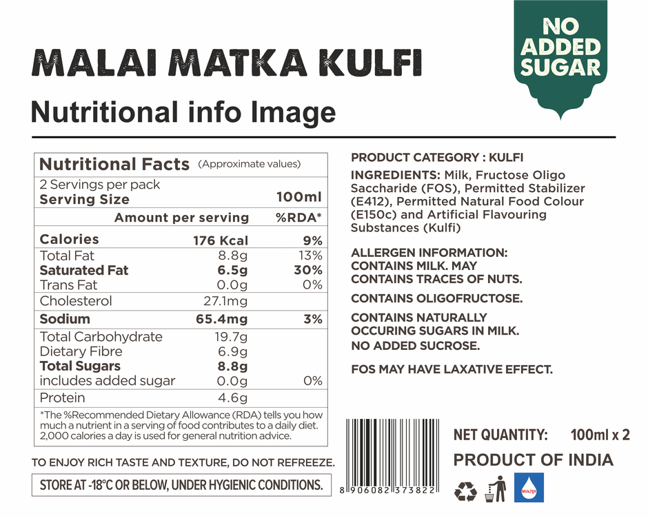 Grameen No Added Sugar Desi Malai Kulfi Matka Ice Cream Cup