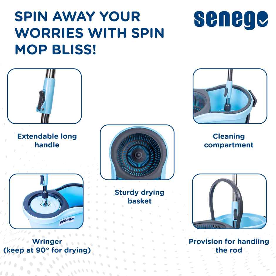 Senego Twin Bucket Spin Mop with Wheels  | Blue - 2 Refills Combo