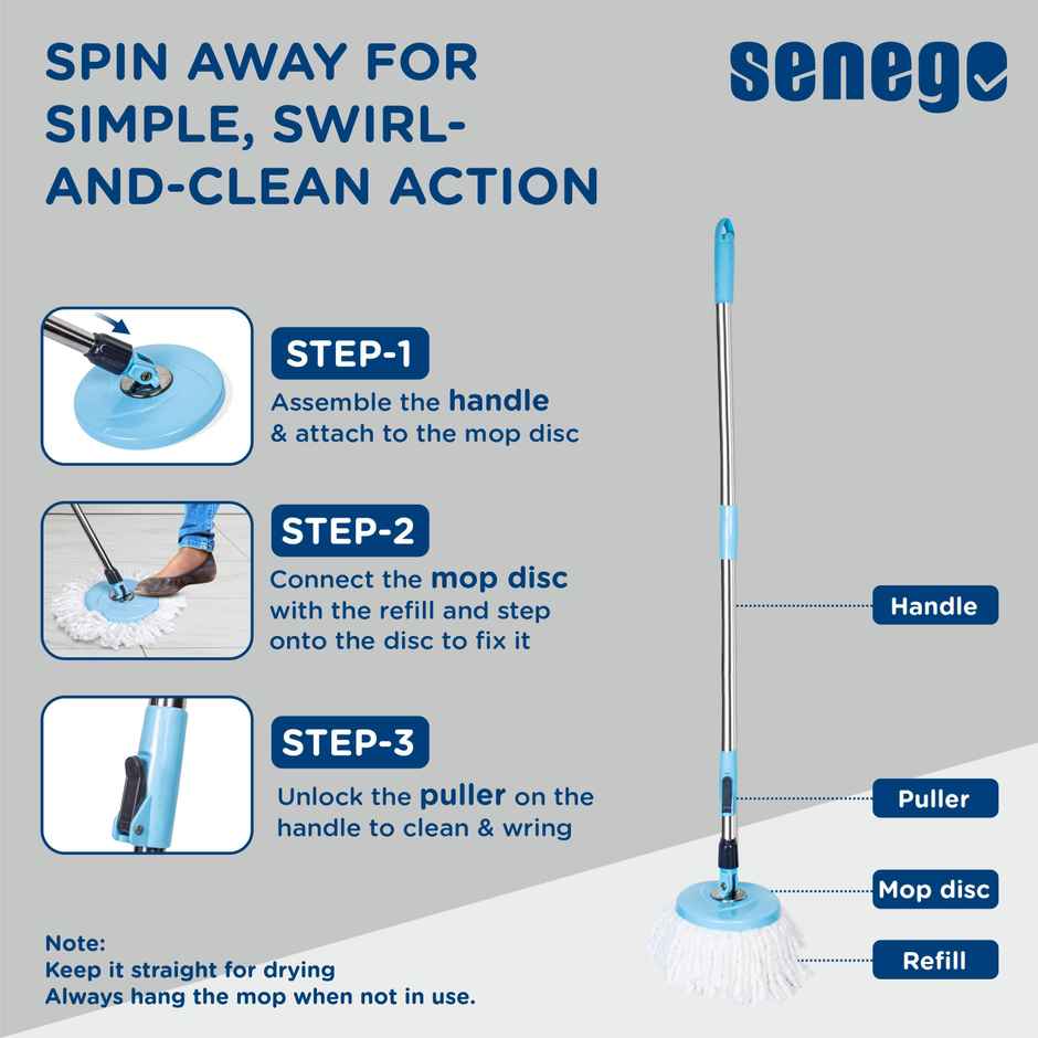 Senego Twin Bucket Spin Mop with Wheels | Blue - 2 Refills