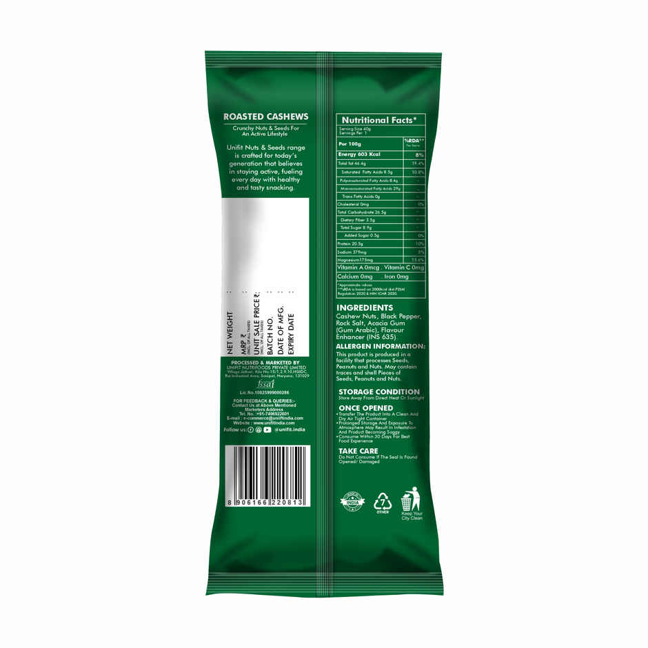 Unifit Black Pepper Cashews | Spicy Roasted Snack | Protein & Fibre Rich