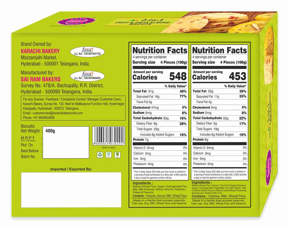 Karachi Bakery Double Delightt Fruits and Pista Dry Fruit Biscuits | Trans Fat-free Combo