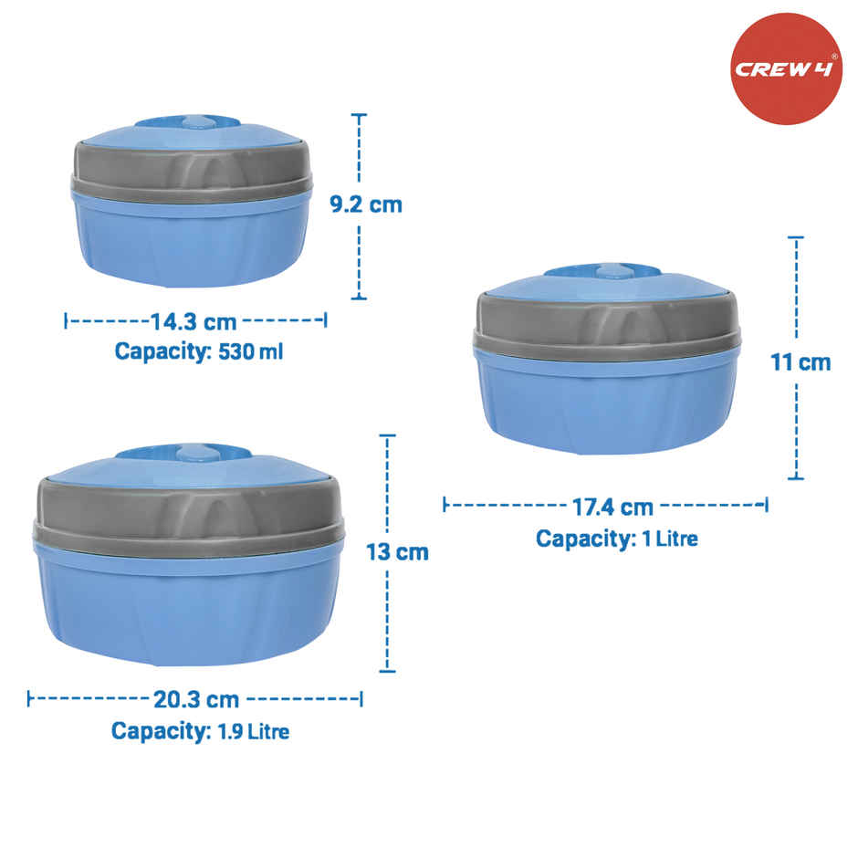 CREW4 Thermoware Casserole Set | Blue - 530 ml | 1000 ml | 1900 ml