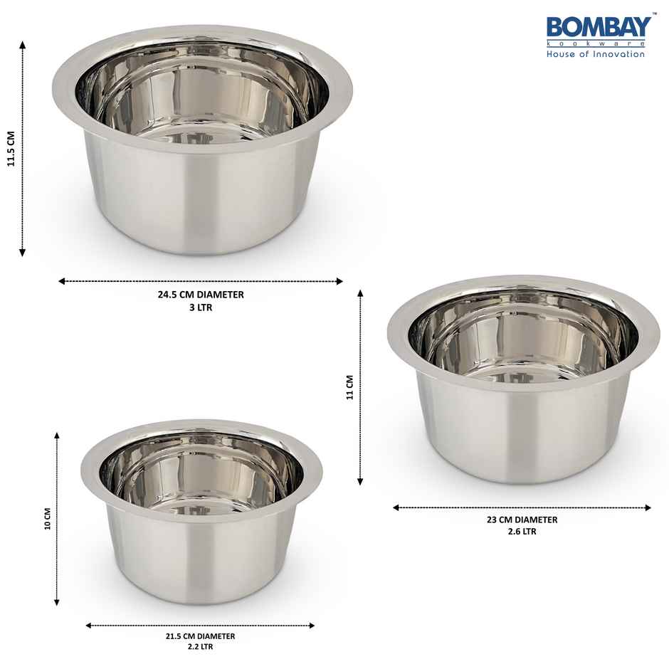 Bombay Kookware Stainless Steel Patela Set Pack Of 3 (2.2 Ltr, 2.6 Ltr And 3 Ltr)
