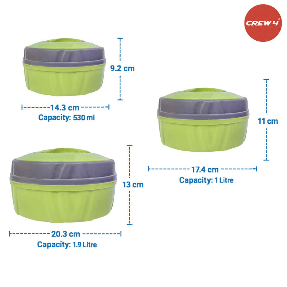CREW4 Thermoware Casserole Set | Green - 530 ml | 1000 ml | 1900 ml