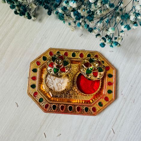 eCraftIndia Golden Decorative Roli Chawal/Rice Holder | Akshata Haldi Kumkum Holder | Krishna Janmastami Special