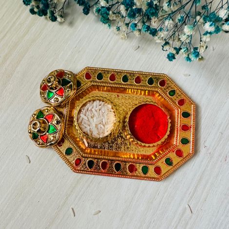 eCraftIndia Golden Decorative Roli Chawal/Rice Holder | Akshata Haldi Kumkum Holder | Krishna Janmastami Special