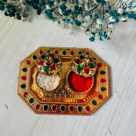 eCraftIndia Golden Decorative Roli Chawal/Rice Holder | Akshata Haldi Kumkum Holder | Krishna Janmastami Special