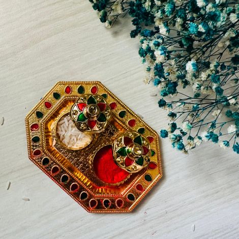 eCraftIndia Golden Decorative Roli Chawal/Rice Holder | Akshata Haldi Kumkum Holder | Krishna Janmastami Special