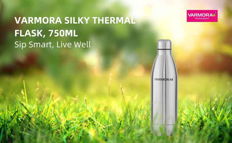 Varmora Silky Thermo Flask Water Bottle- Hot and Cold | Upto 24 Hrs | 750 ml Flask, Silver