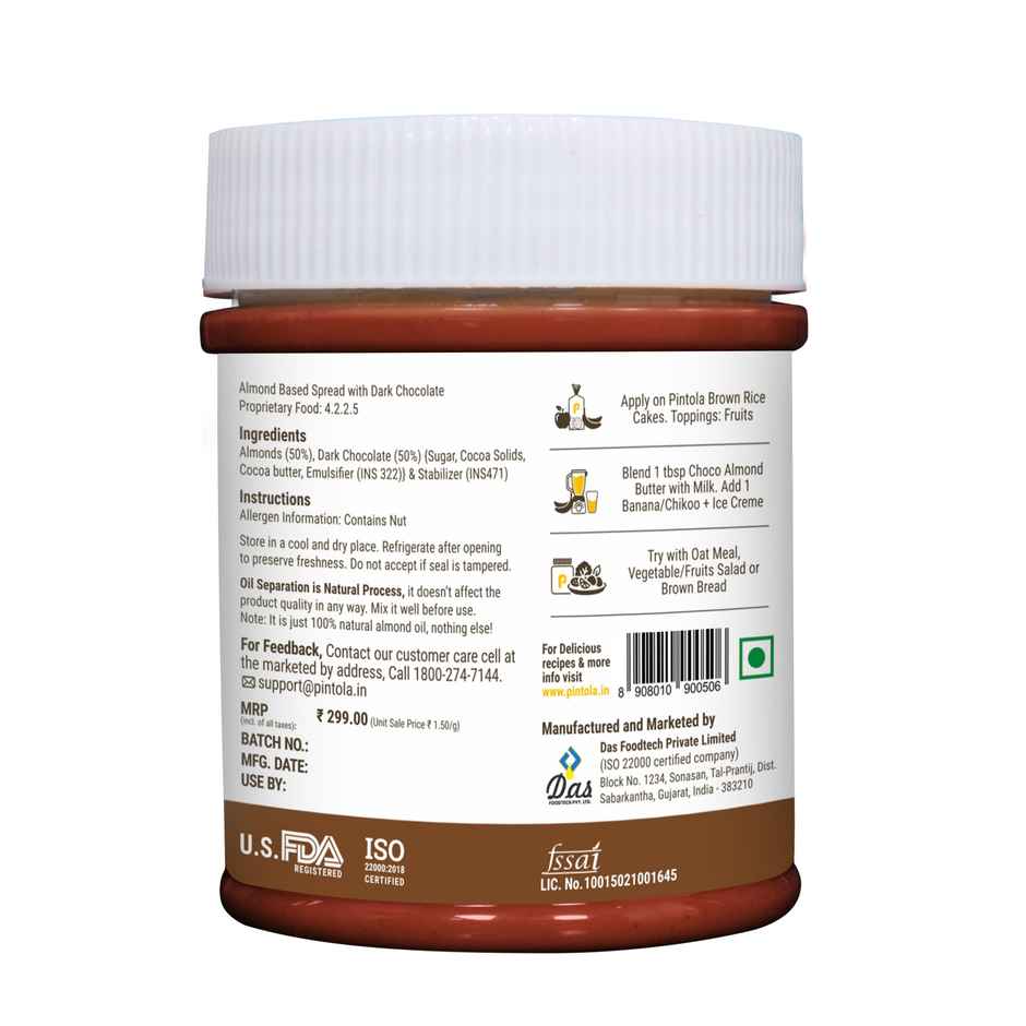 Pintola Almond Choco Spread Creamy High Protein & Fiber Gluten & Cholesterol Free