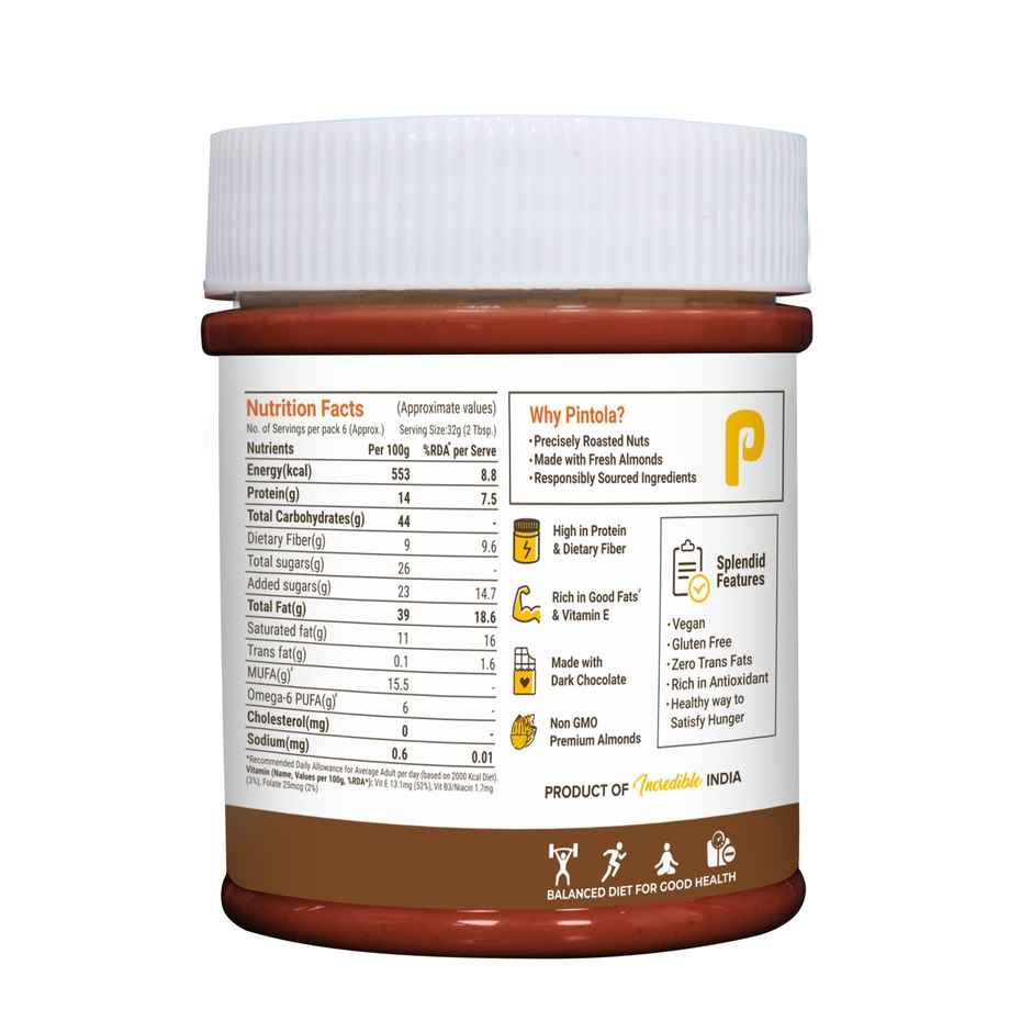 Pintola Almond Choco Spread Creamy High Protein & Fiber Gluten & Cholesterol Free