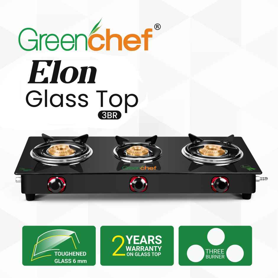 Greenchef Elon Glass Top Gas Stove | Black | Manual Ignition | 3 Burner