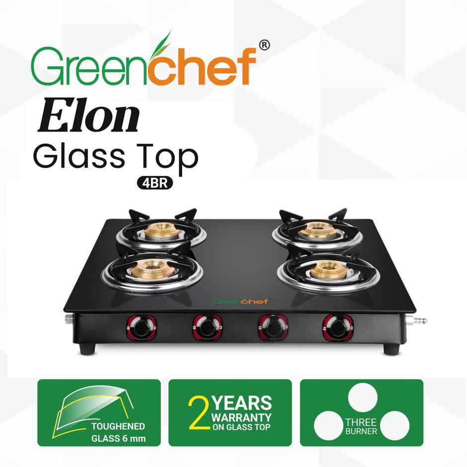 Greenchef Elon Glass Top Gas Stove | Black | Manual Ignition | 4 Burner
