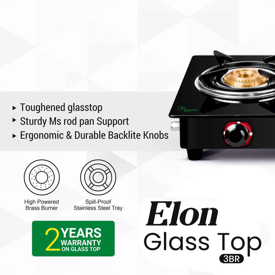 Greenchef Elon Glass Top Gas Stove | Black | Manual Ignition | 3 Burner