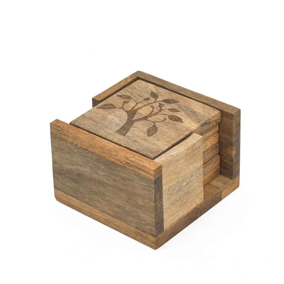 Oggn Mango Leaf Wooden Tea Coaster With Holder