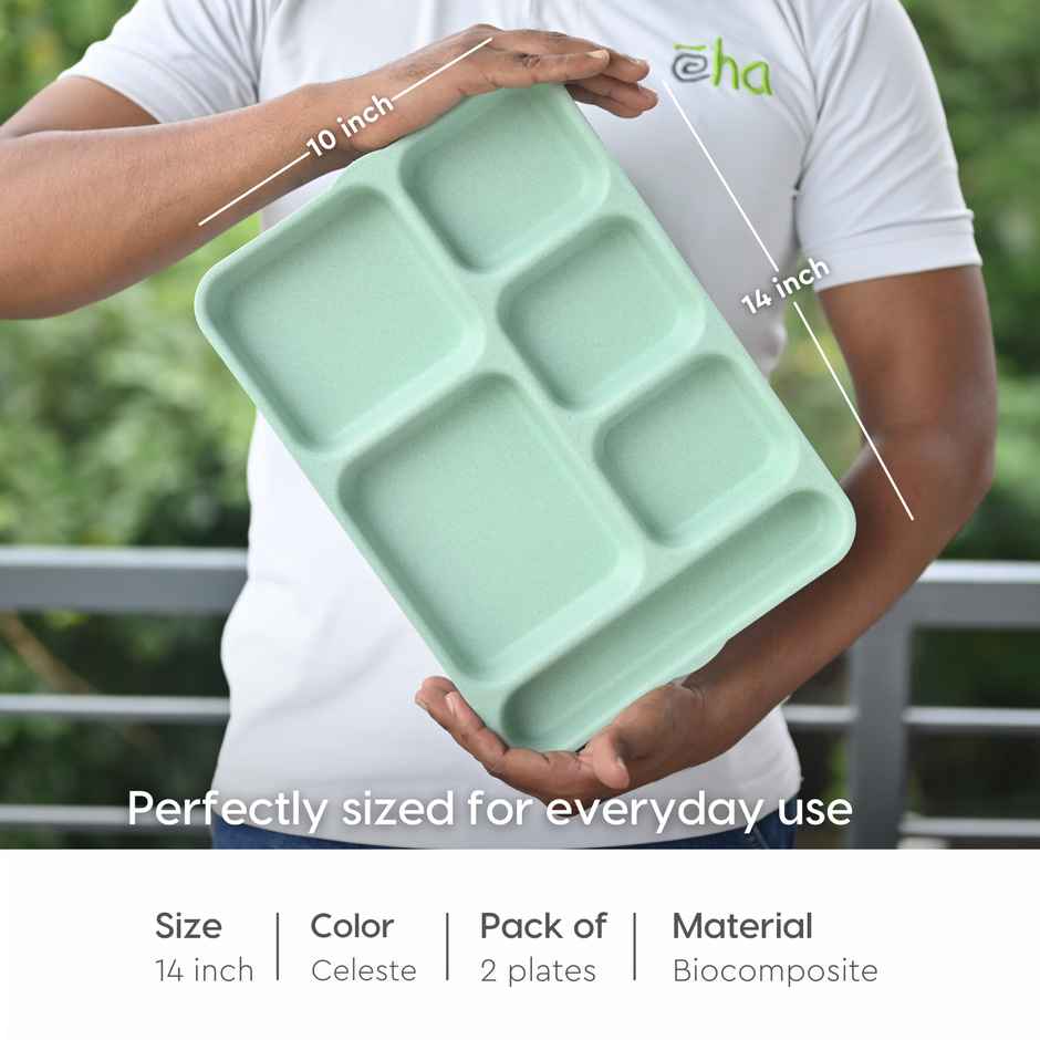 Eha Earth Friendly 6 Partition Plates | Set Of 2 | Made With Rice Husk Biocomposite |Celeste