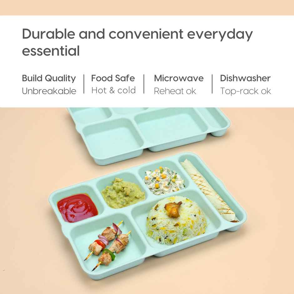 Eha Earth Friendly 6 Partition Plates | Set Of 2 | Made With Rice Husk Biocomposite |Celeste