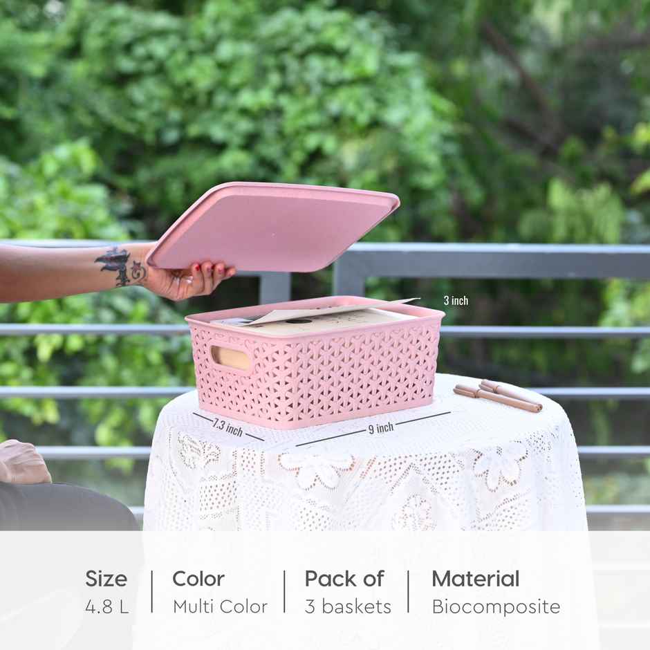 Eha Earth Friendly Multipurpose Basket | Made With Rice Husk And Bamboo Fibers | Set Of 3 | Pastel