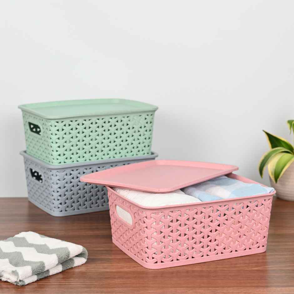 Eha Earth Friendly Multipurpose Basket | Made With Rice Husk And Bamboo Fibers | Set Of 3 | Pastel