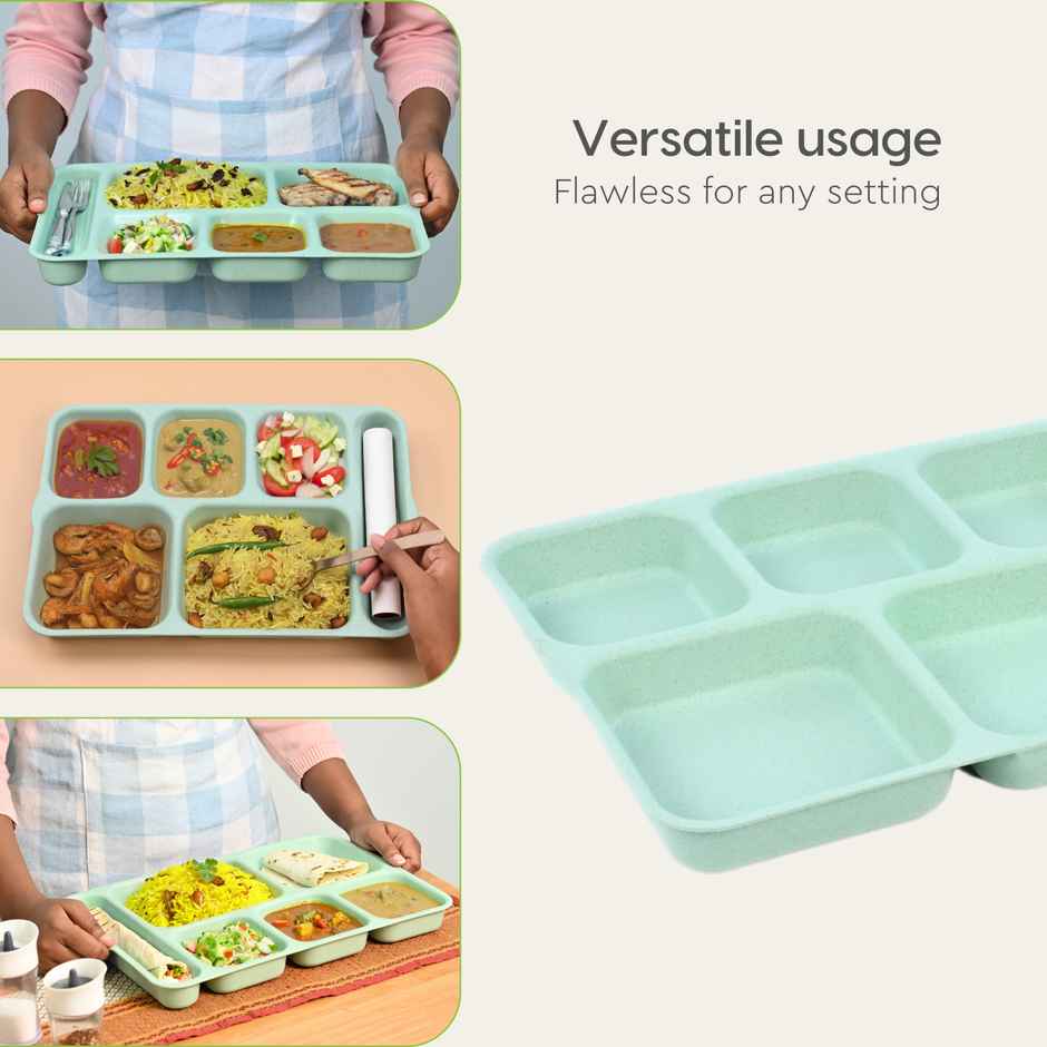 Eha Earth Friendly 6 Partition Plates | Set Of 2 | Made With Rice Husk Biocomposite |Celeste