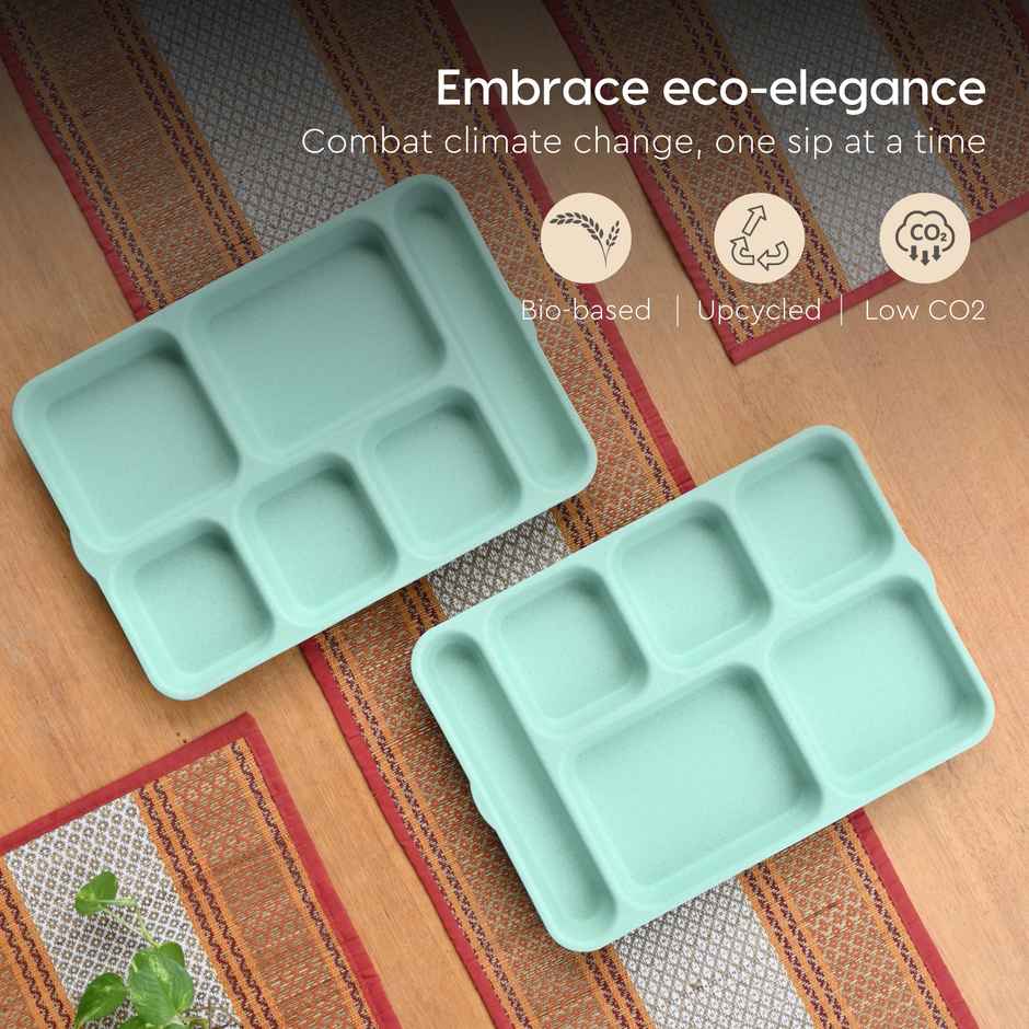 Eha Earth Friendly 6 Partition Plates | Set Of 2 | Made With Rice Husk Biocomposite |Celeste