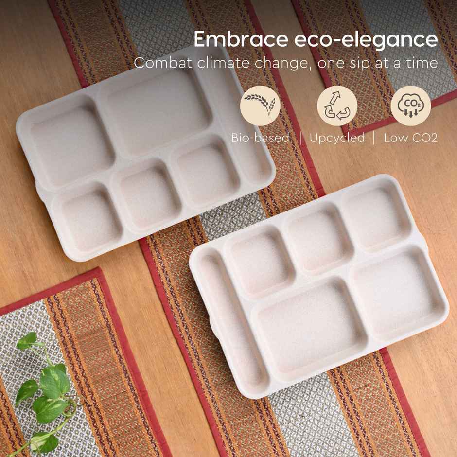 Eha Earth Friendly 6 Partition Plates | Set Of 2 | Made With Rice Husk Biocomposite |Sand