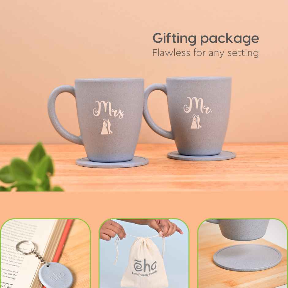 Eha Earth-Friendly Mr & Mrs Coffee Mugs | 300 ml | Set of 2 | Rice Husk | Azure