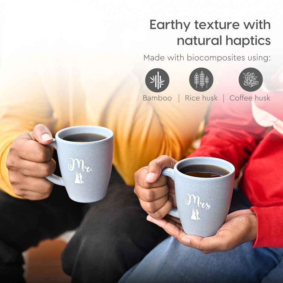 Eha Earth-Friendly Mr & Mrs Coffee Mugs | 300 ml | Set of 2 | Rice Husk | Azure