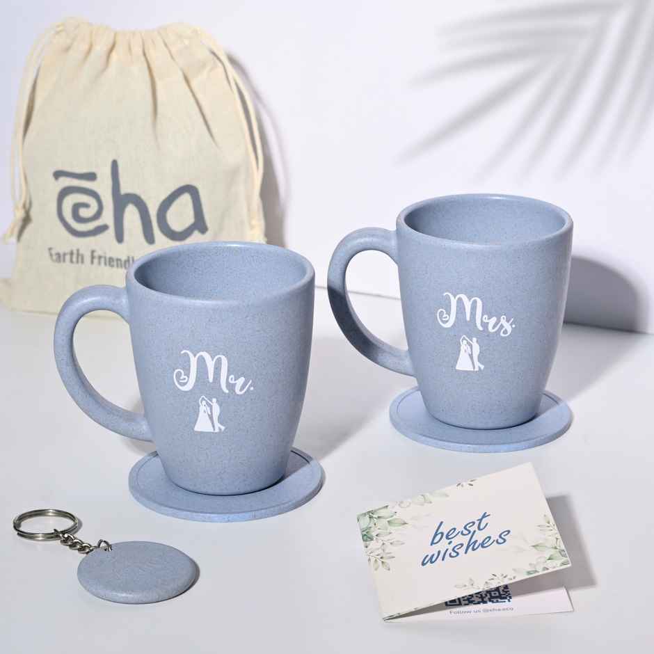 Eha Earth-Friendly Mr & Mrs Coffee Mugs | 300 ml | Set of 2 | Rice Husk | Azure