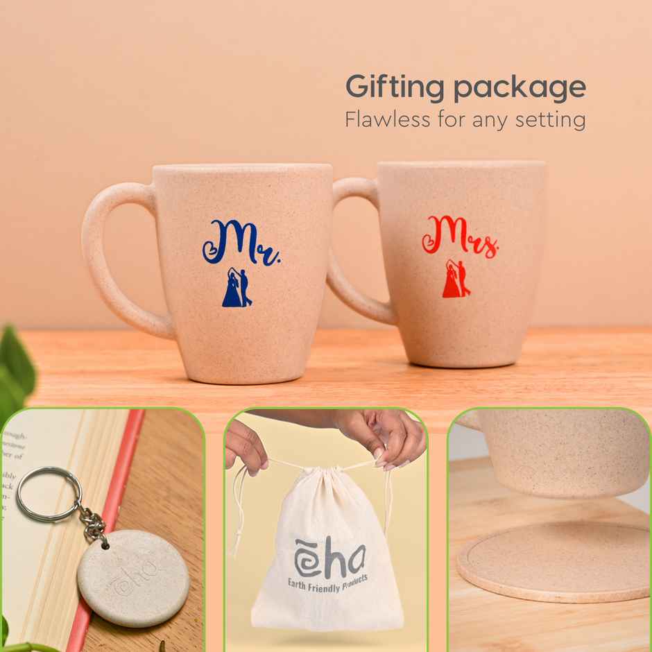 Eha Earth-Friendly Mr & Mrs Coffee Mugs | 300 ml | Set of 2 | Rice Husk | Sand Castle