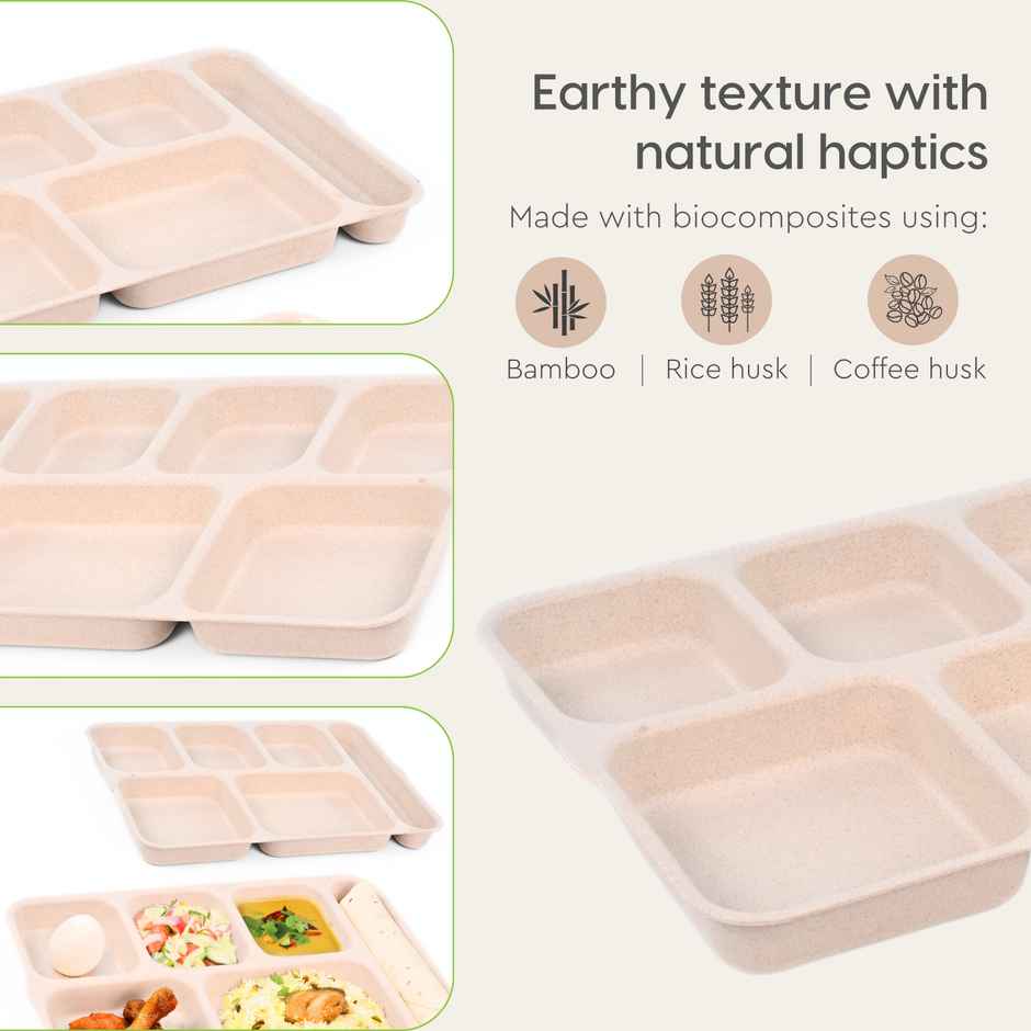 Eha Earth Friendly 6 Partition Plates | Set Of 2 | Made With Rice Husk Biocomposite |Sand