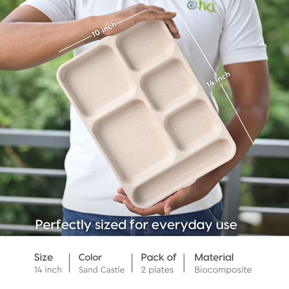 Eha Earth Friendly 6 Partition Plates | Set Of 2 | Made With Rice Husk Biocomposite |Sand