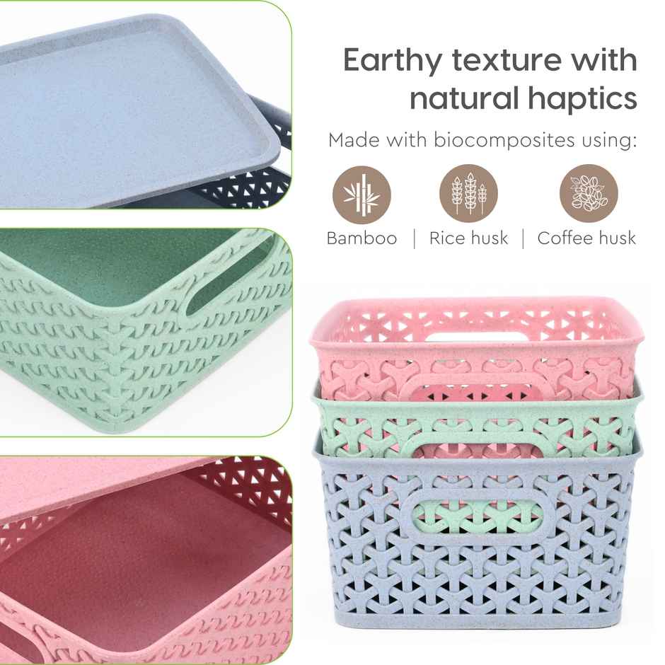 Eha Earth Friendly Multipurpose Basket | Made With Rice Husk And Bamboo Fibers | Set Of 3 | Pastel