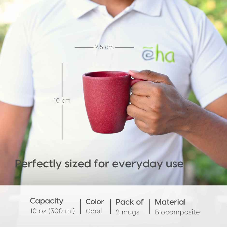 Eha Earth-Friendly Classic Coffee Mug | 300 ml | Made With Rice Husk Biocomposite | 2 Unit | Coral