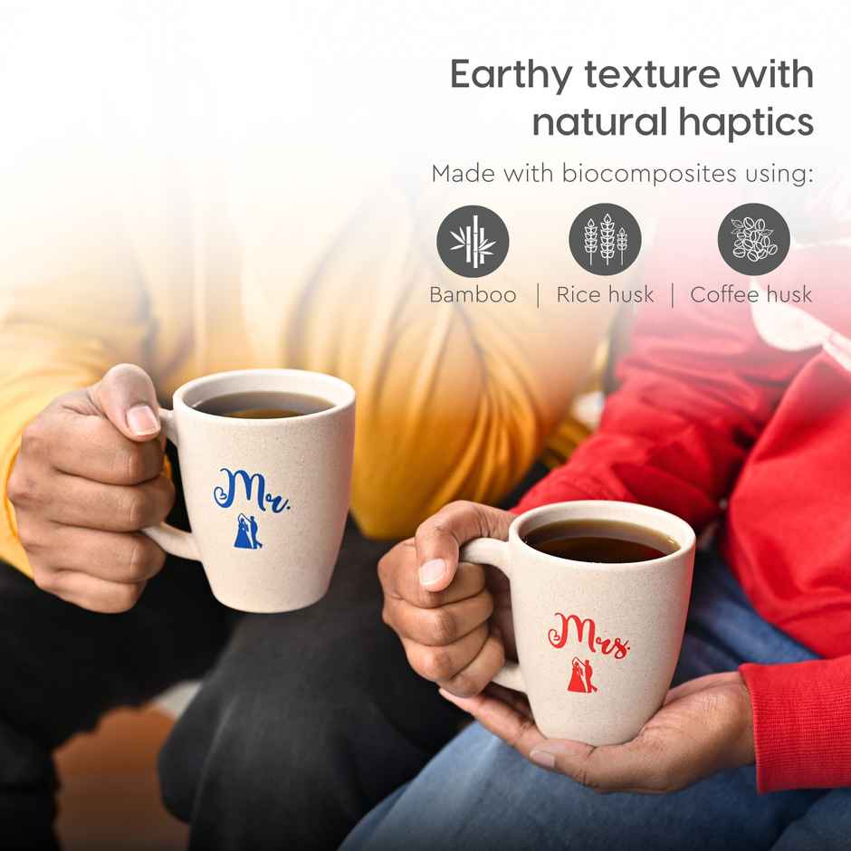 Eha Earth-Friendly Mr & Mrs Coffee Mugs | 300 ml | Set of 2 | Rice Husk | Sand Castle