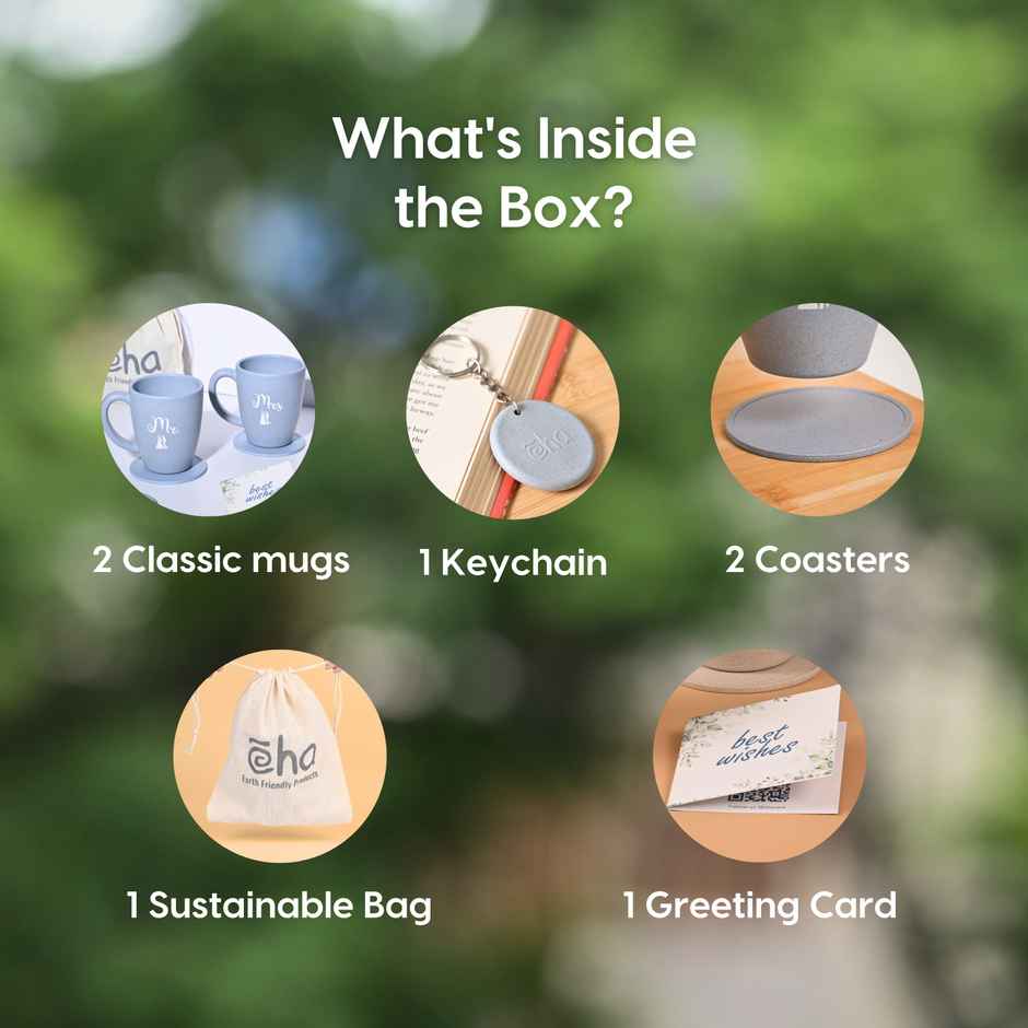 Eha Earth-Friendly Mr & Mrs Coffee Mugs | 300 ml | Set of 2 | Rice Husk | Azure