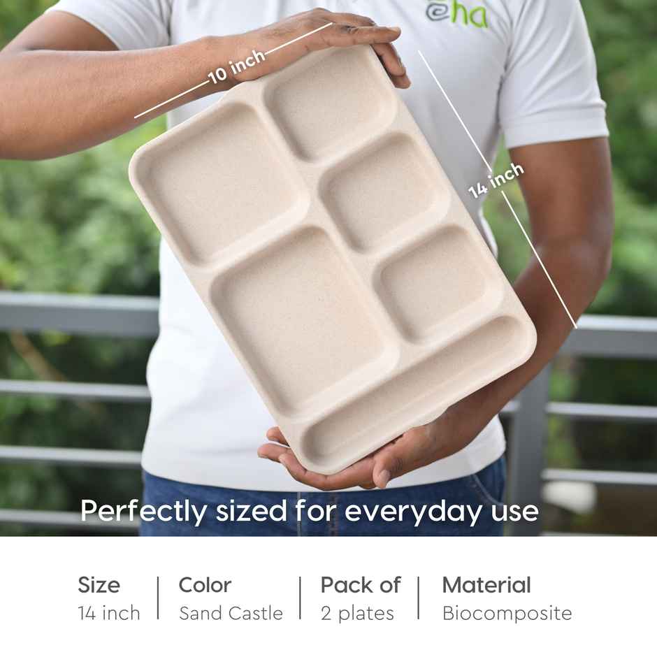Eha Earth Friendly 6 Partition Plates | Set Of 2 | Made With Rice Husk Biocomposite |Sand