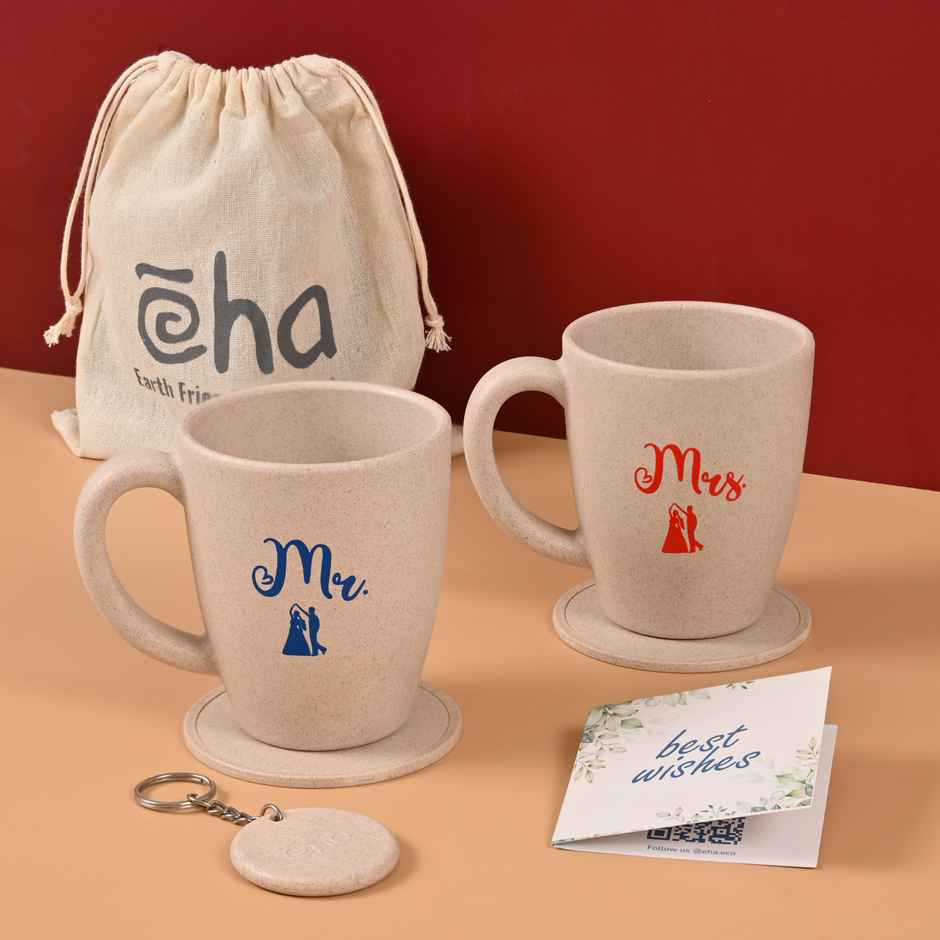 Eha Earth-Friendly Mr & Mrs Coffee Mugs | 300 ml | Set of 2 | Rice Husk | Sand Castle