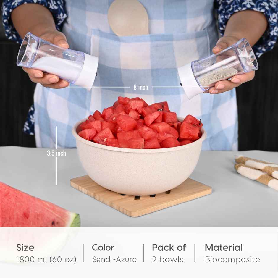 Eha Earth Friendly Frosty Mixing Bowl | Made With Rice Husk And Bamboo Fibers|Set Of 2|Sand-Azure