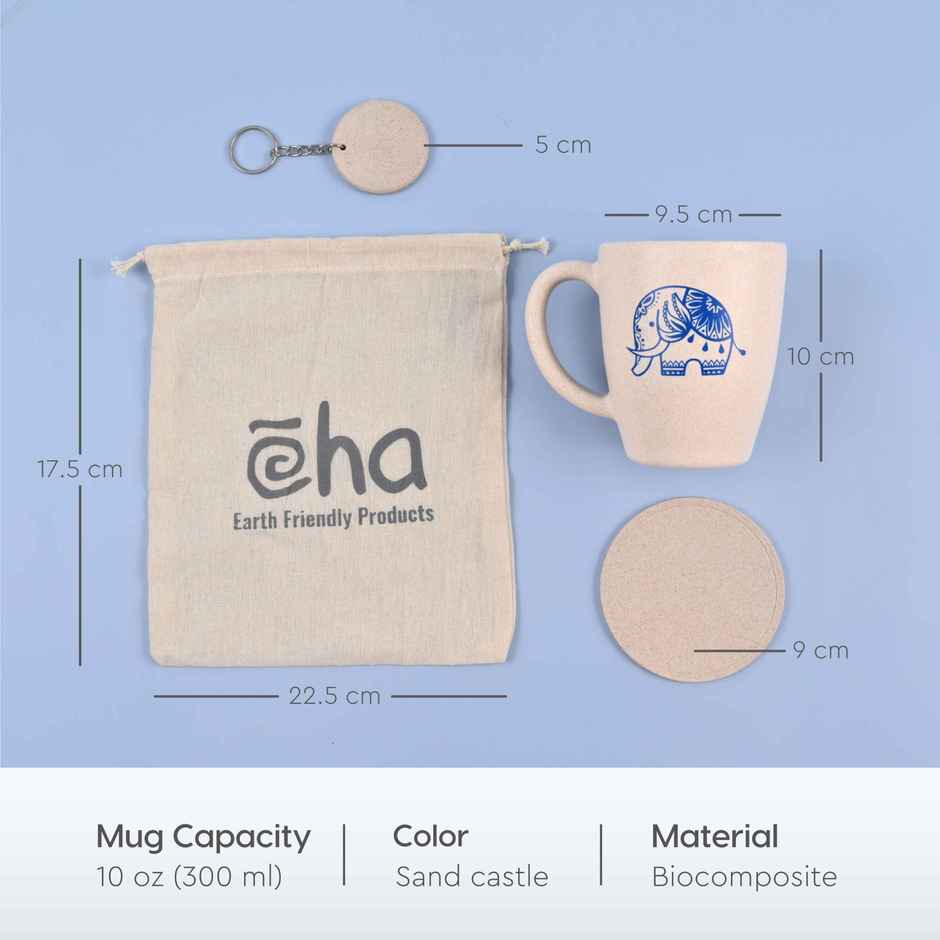 Eha Earth-Friendly Gift Set | 300 ml Elephant Mug | Coaster & Keychain | Sand Castle