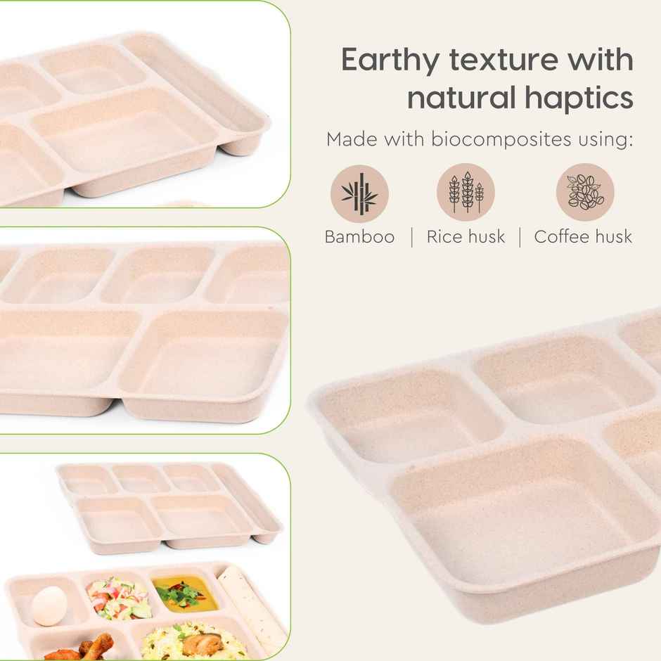 Eha Earth Friendly 6 Partition Plates | Set Of 2 | Made With Rice Husk Biocomposite |Sand