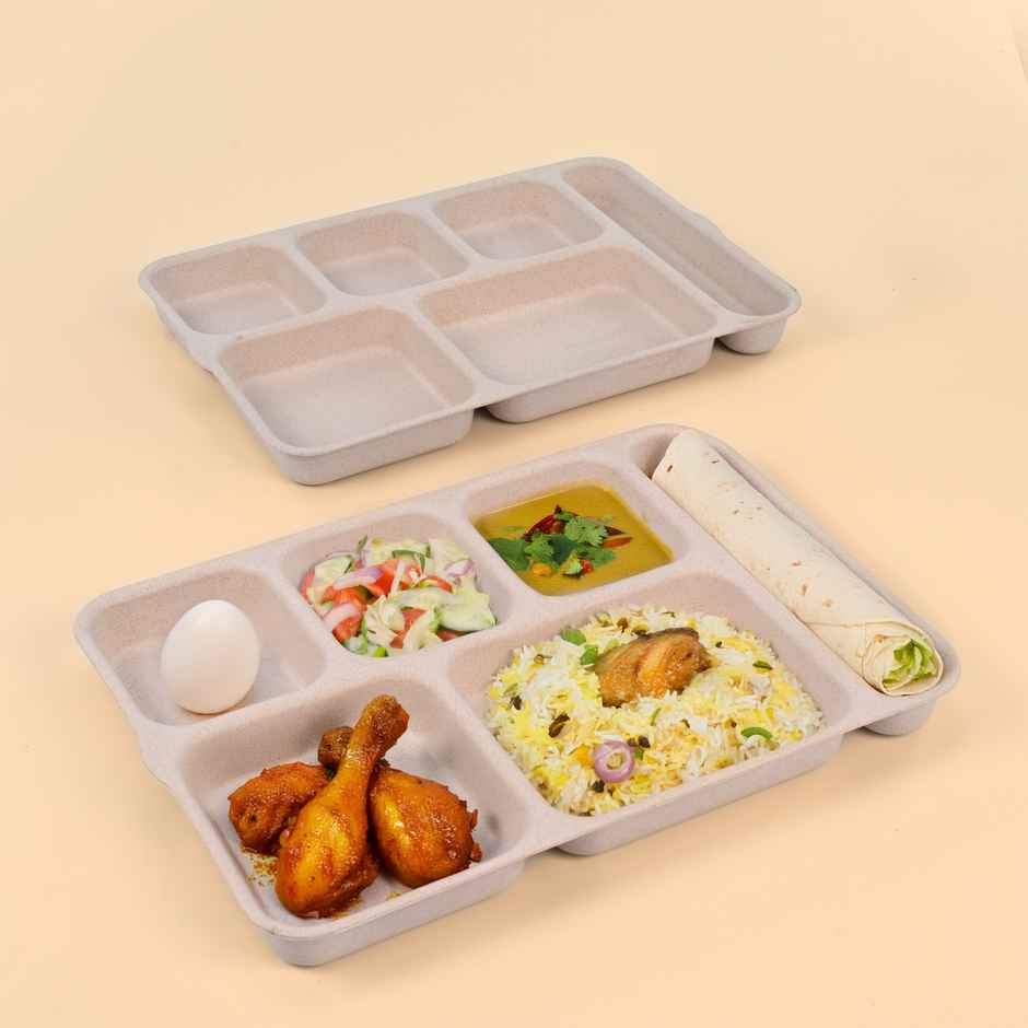 Eha Earth Friendly 6 Partition Plates | Set Of 2 | Made With Rice Husk Biocomposite |Sand