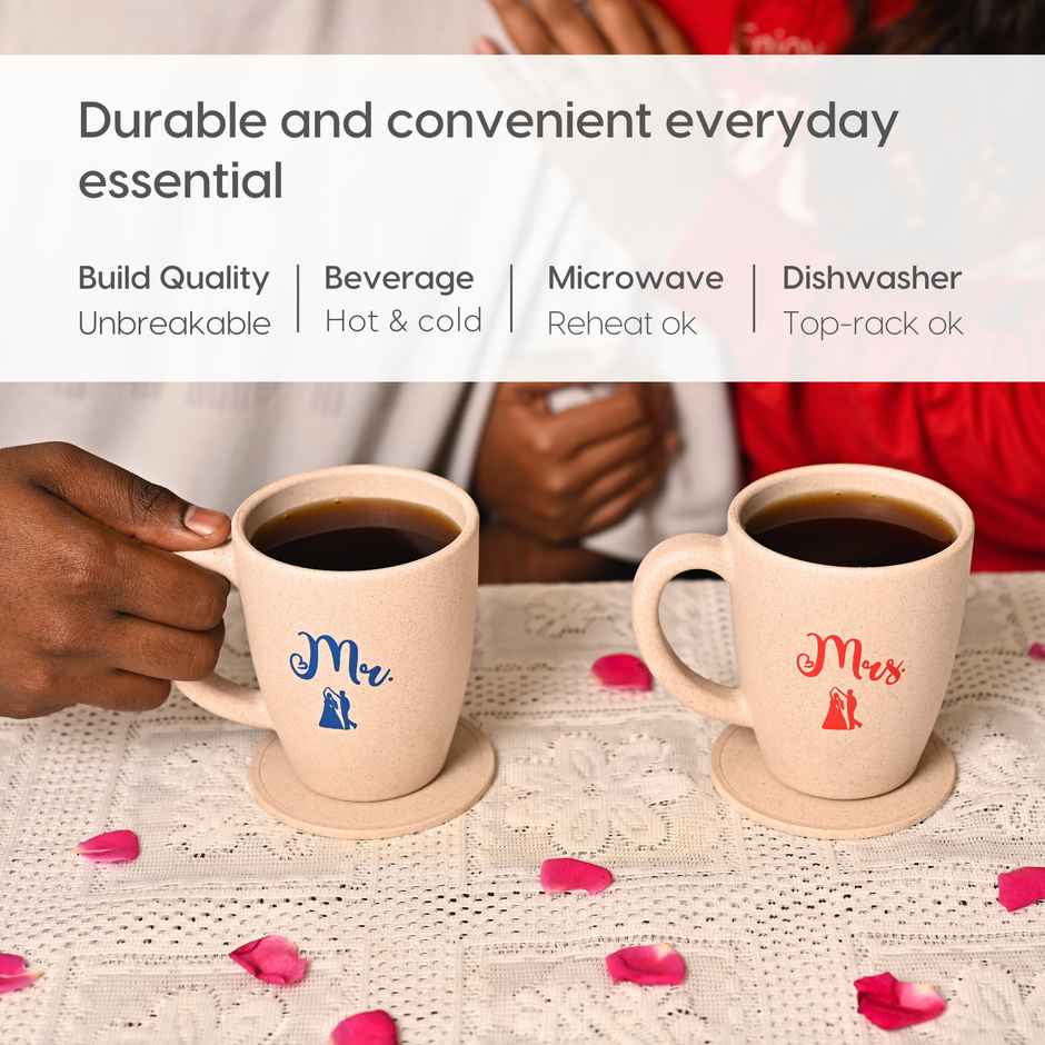 Eha Earth-Friendly Mr & Mrs Coffee Mugs | 300 ml | Set of 2 | Rice Husk | Sand Castle