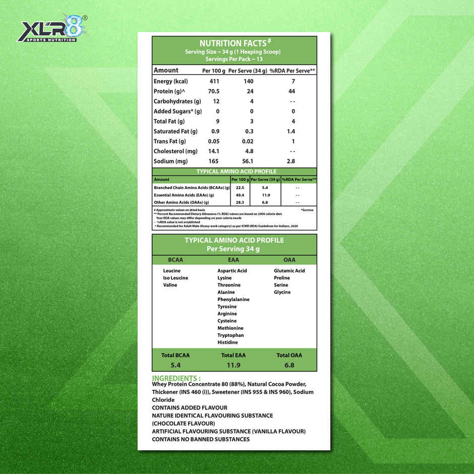 XLR8 Whey Protein Powder with 24 g Protein, 5.4 g BCAA | Chocolate