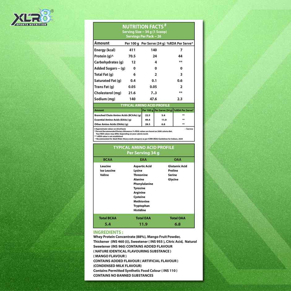 XLR8 Whey Protein with 24 g protein, 5.4 g BCAA - 2 lbs (Mango)