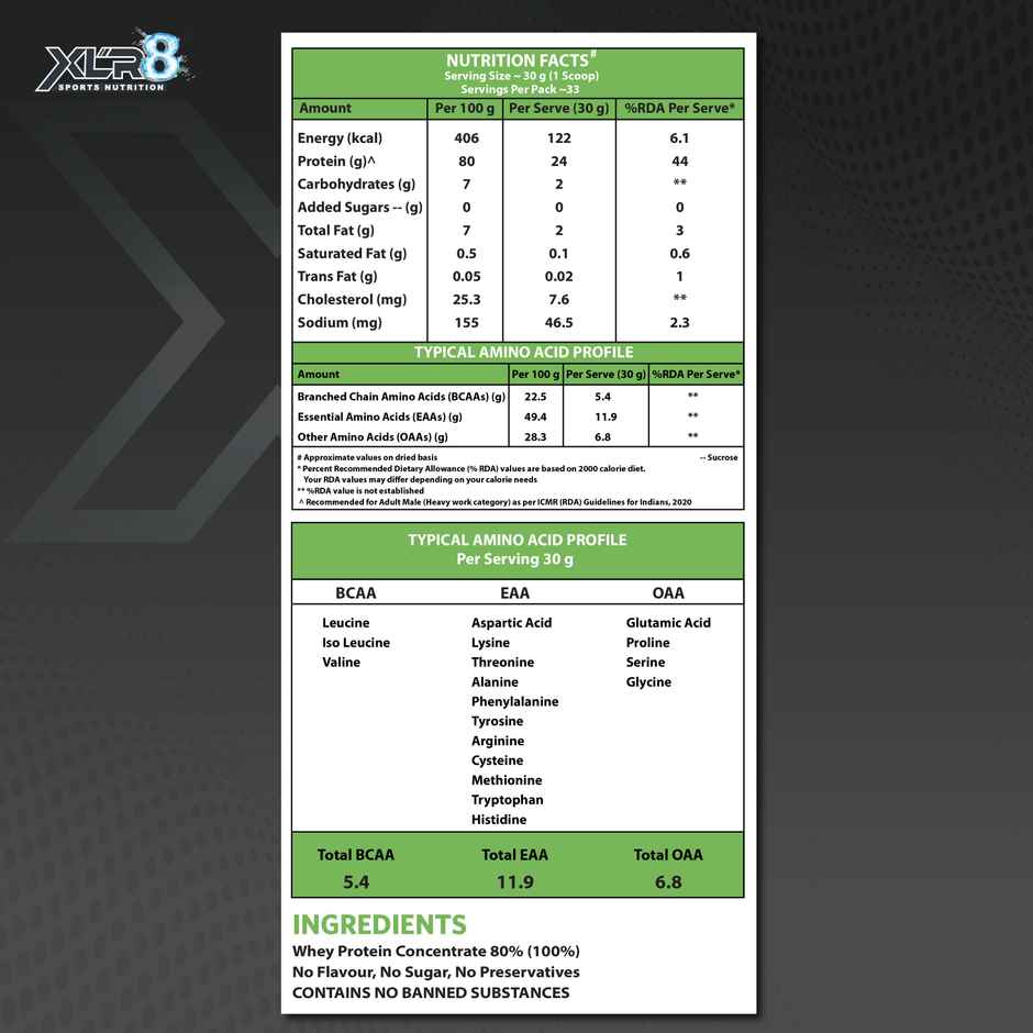 XLR8 Raw Whey Protein Powder Instantised Whey Protein Concentrate 80% - 2.2 Lbs (Unflavoured)