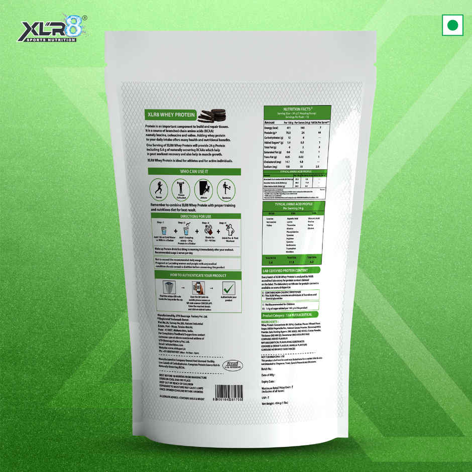 XLR8 Whey Protein Powder with 24 g Protein, 5.4 g BCAA | Cookies & Cream