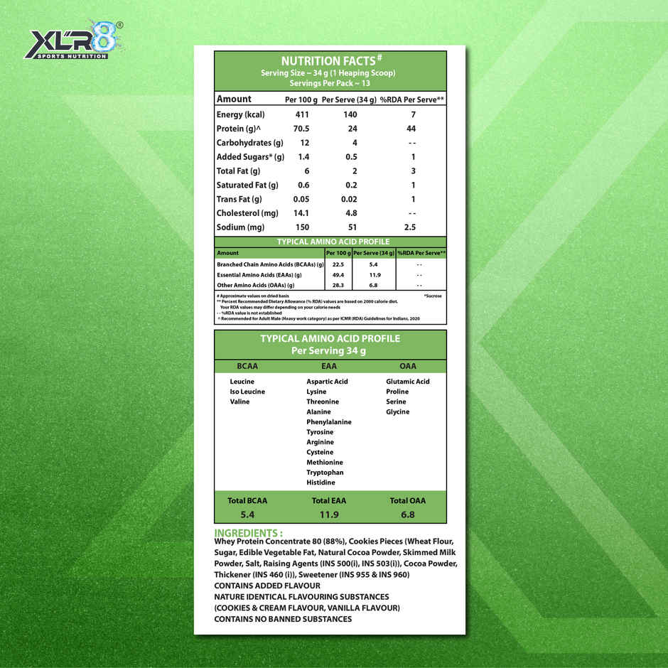 XLR8 Whey Protein Powder with 24 g Protein, 5.4 g BCAA | Cookies & Cream