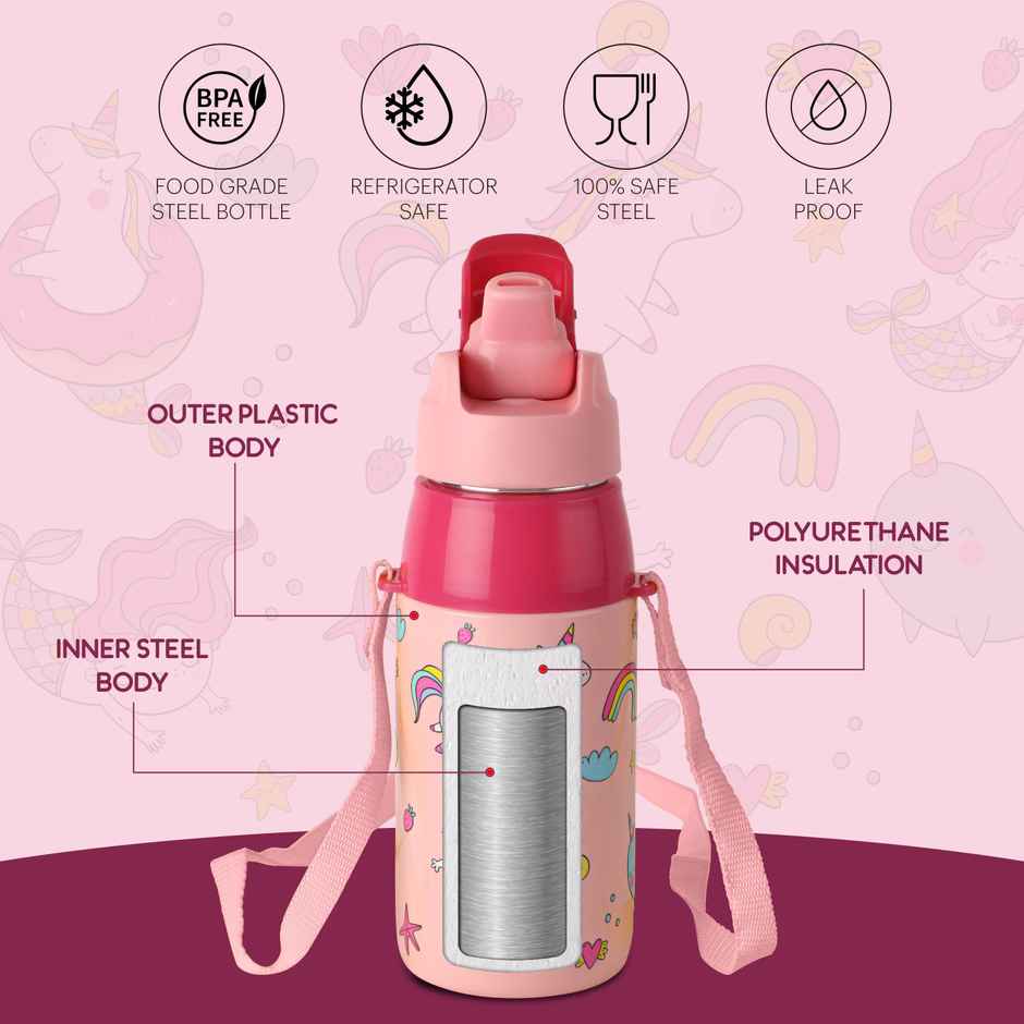 Cello Plastic Kidzbee Era Pink Parade Water Bottle PU Insulation Kids Bottle | Pink | 450 ml